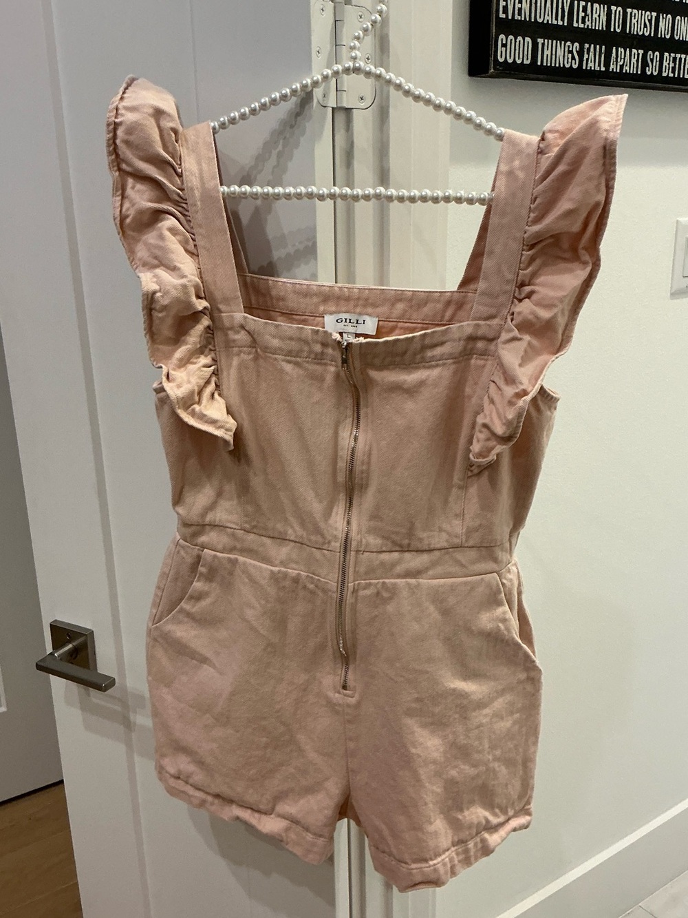 ADORABLE! Gilli Blush Pink Zip-Front Denim Romper Blush Large